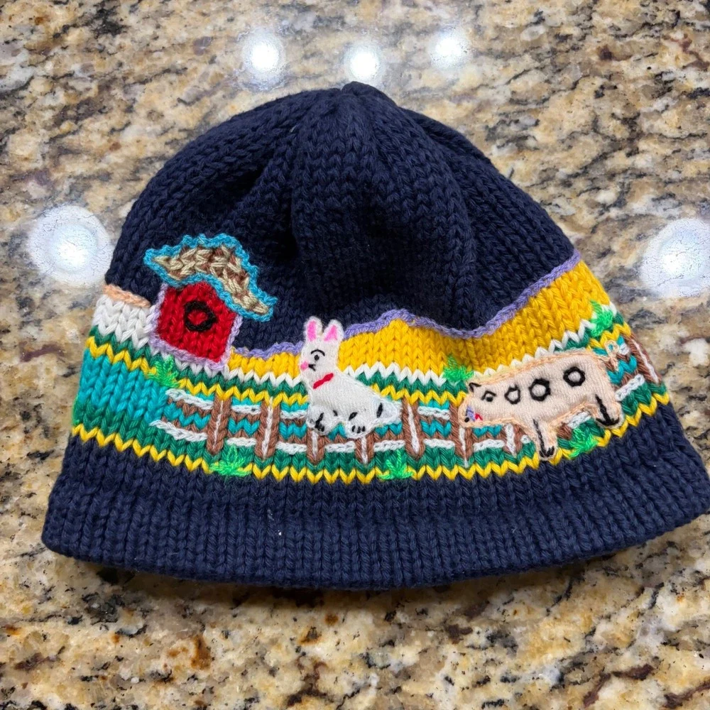 Vintage Hand Knit Farm Animal Beanie Navy Blue Dog Pig Sheep Chick Kids Hat